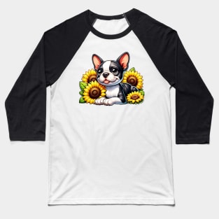 Boston Terrier And Sunflowers Baseball T-Shirt